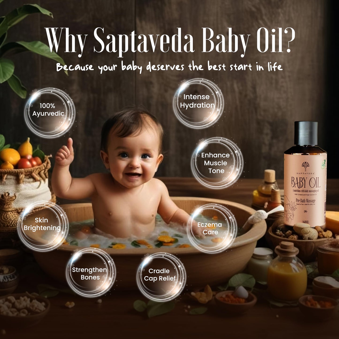 Saptaveda Baby Oil | 100% Ayurvedic & Natural | 0+ months | Deep Moisturizing, Eczema & Cradle Cap Relief | Safe for All Skin Types